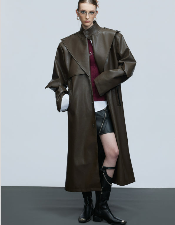 Waist-tight Copper Coin Buckle Below The Knee Trench Coat