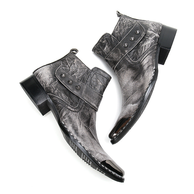 Chunky Heel Cowhide Gray Motorcycle Boots