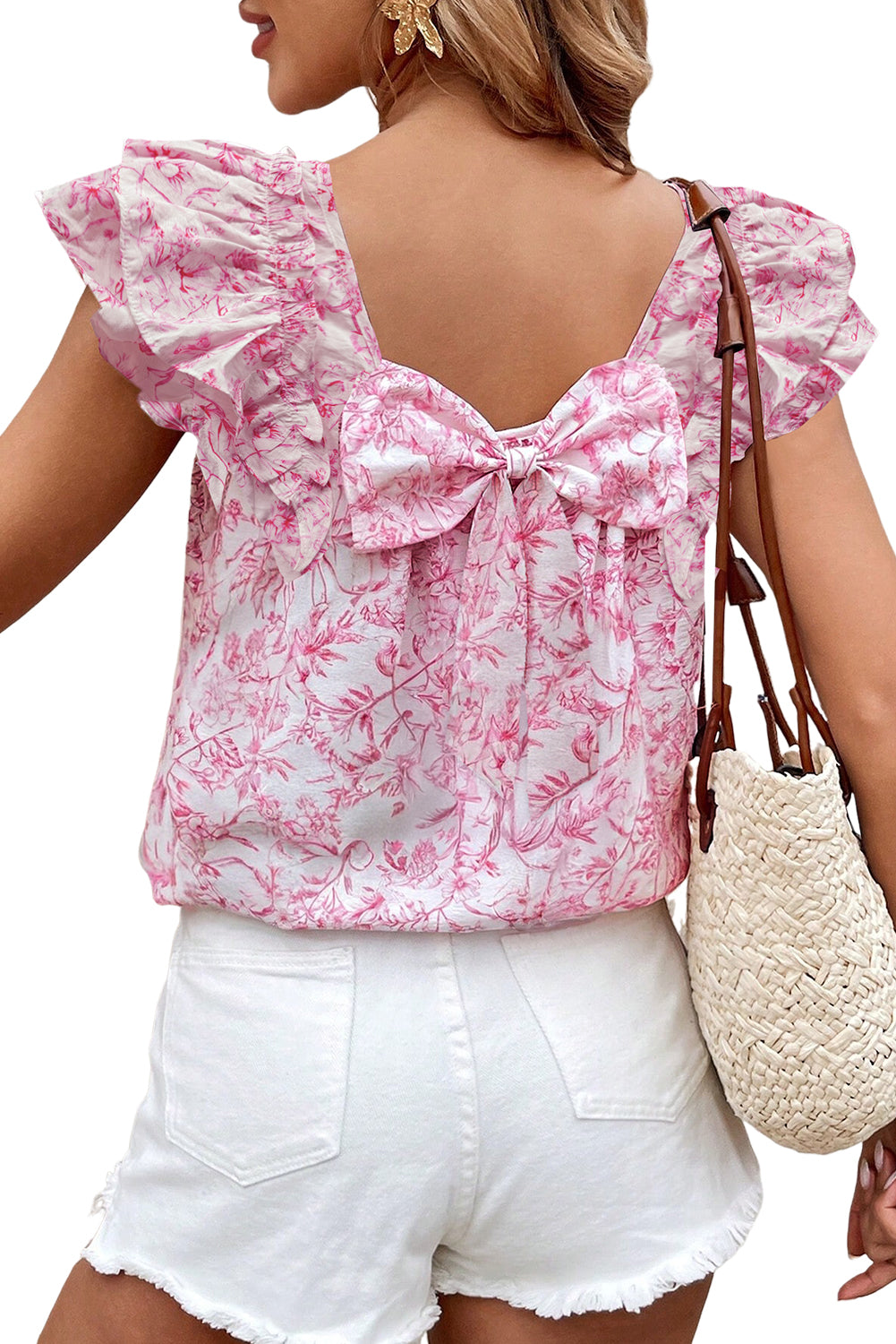 Blusa con lazo en la espalda, manga corta con volantes y estampado floral rosa