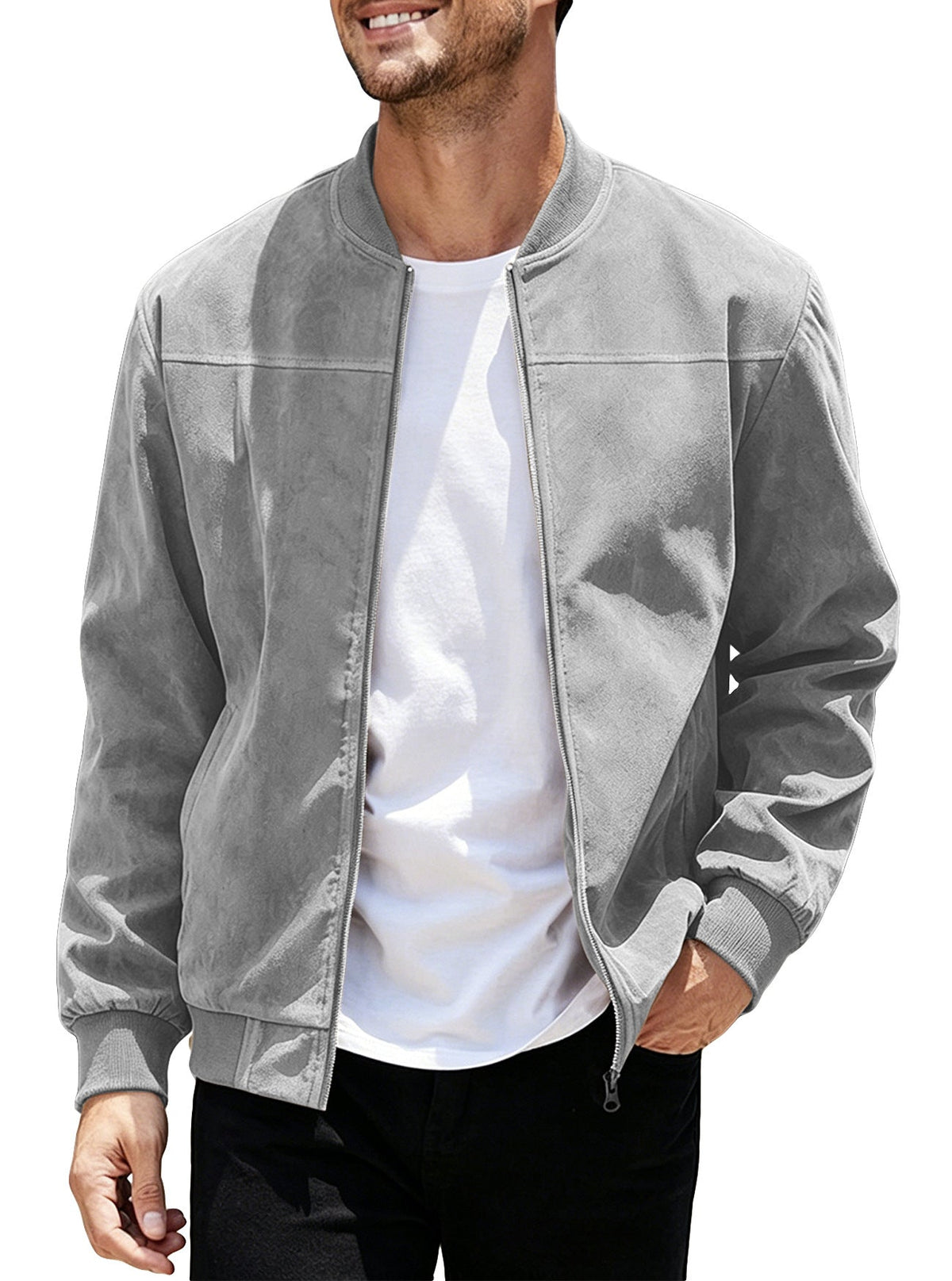 Cross-Border European And American Men's Suede Zipper Jacket With Solid Color Patchwork Design, Simple Solid Color Outerwear
