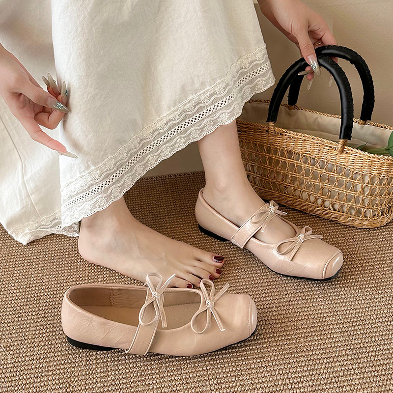 Women Kawaii Double Front Bow Two Ribbon Strap Mary Jane Flats, Square Toe Soft Matte Leather Slip On Gentle Casual Spring Student Doll Ballerina Loafer Shoes