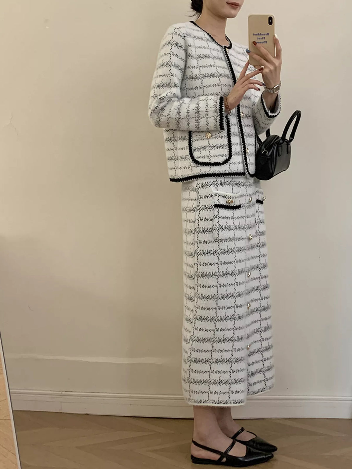 Tweed Contrast Trim Jacket and Skirt Set