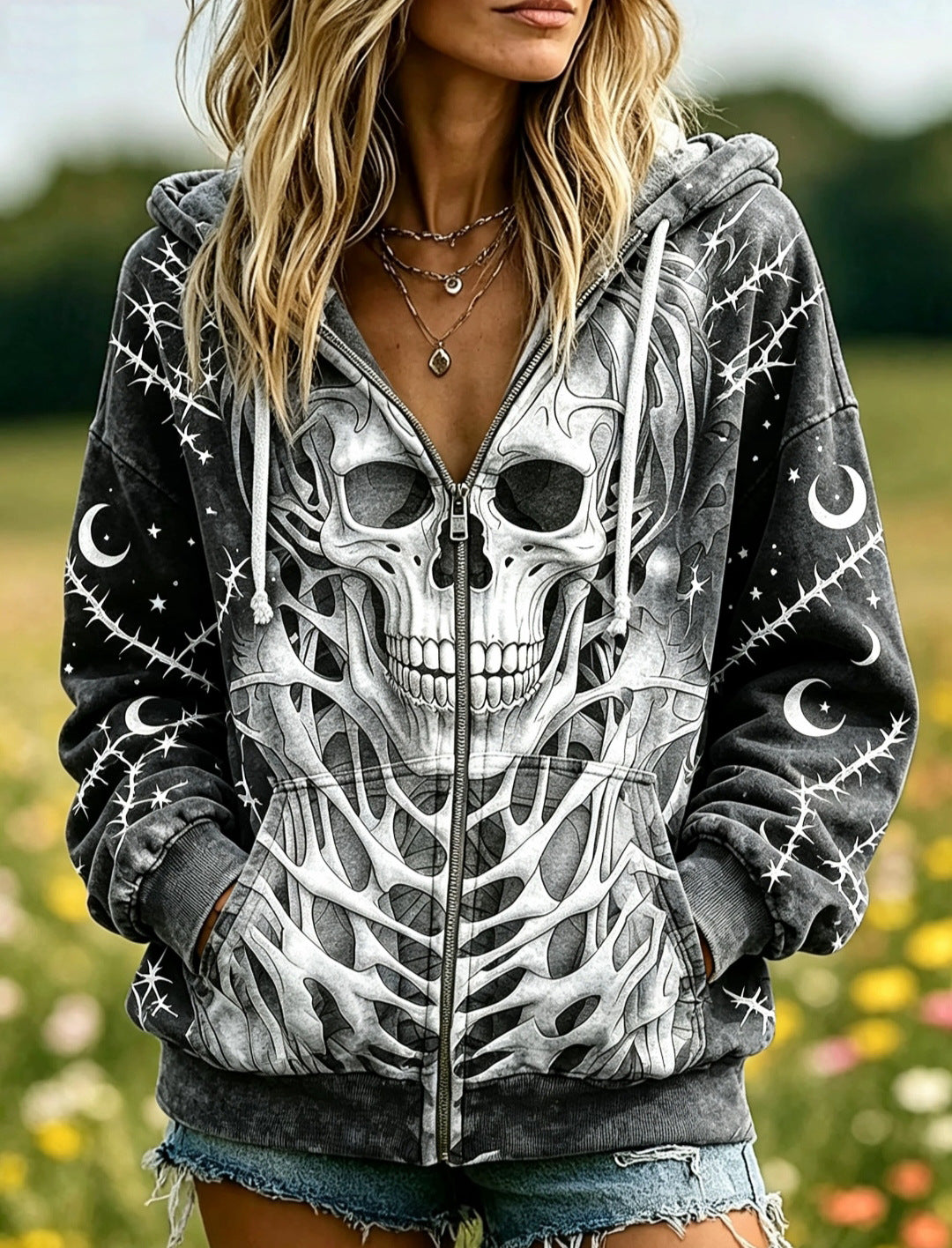 European And American Style Halloween Hooded Cardigan Women's Top Creative Skull Floral Wing Print Ladies Zip-Up Jacket