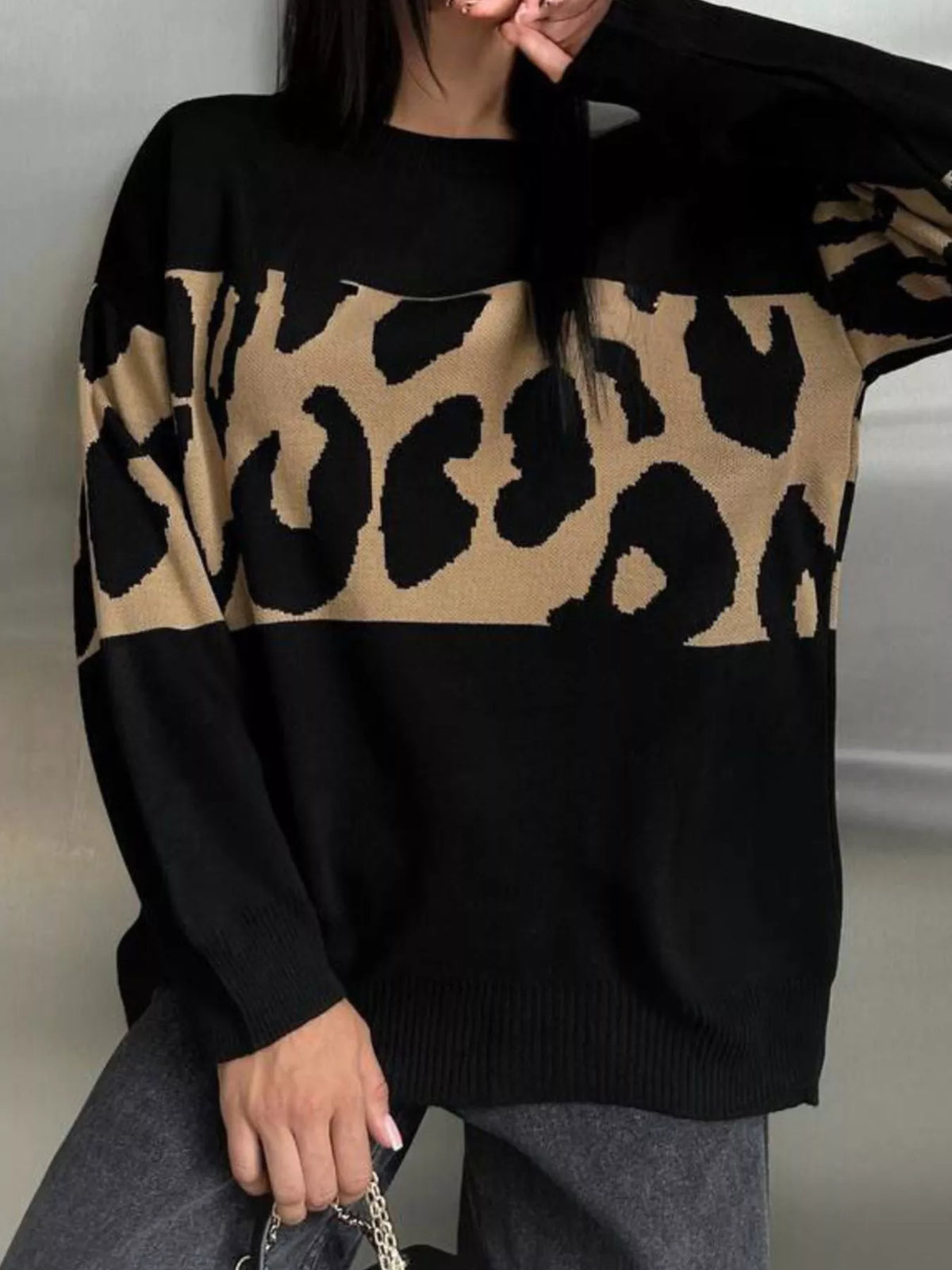 Leopard Color Block Round Neck Sweater