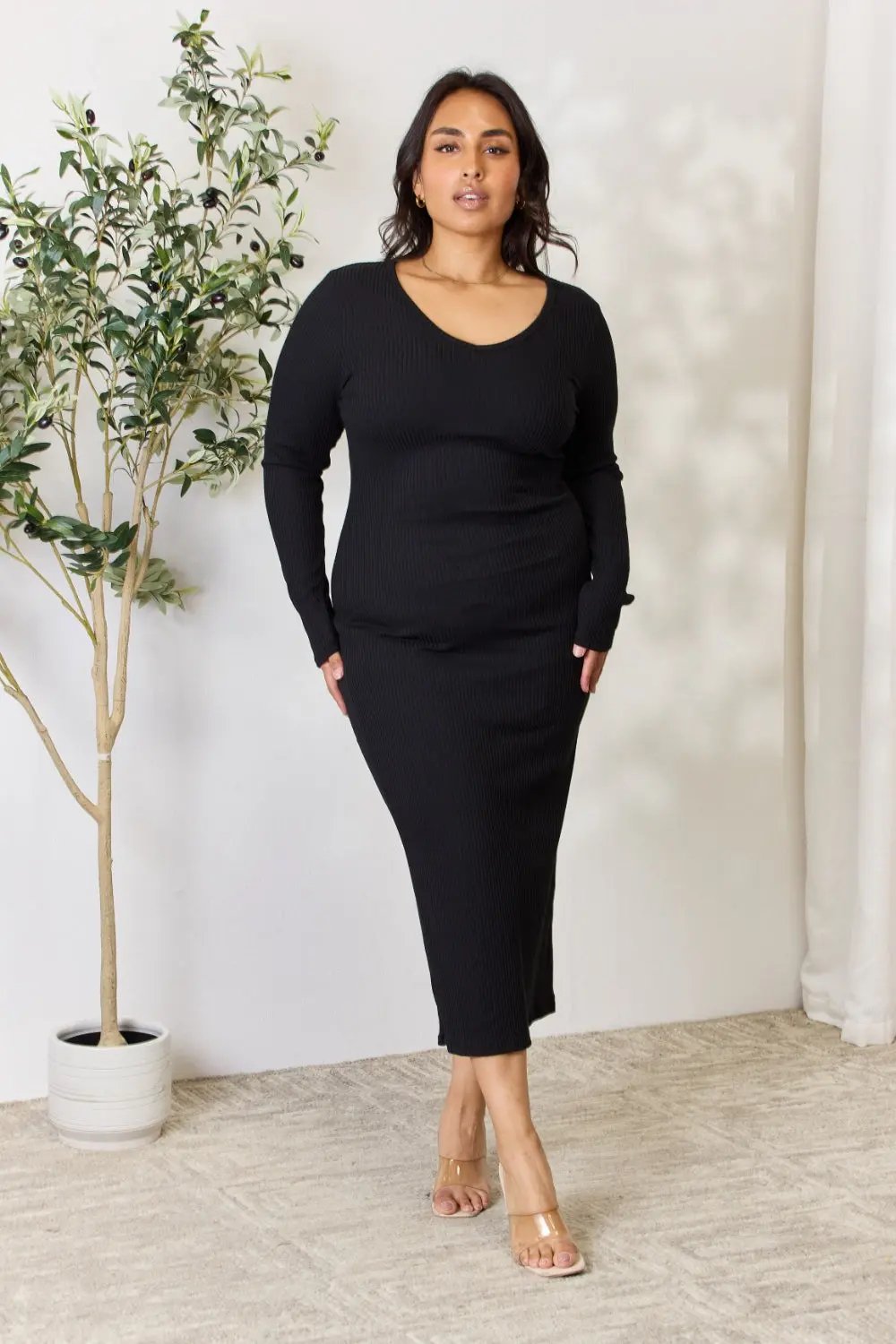 Trendsi Ribbed Midi Dress With Slit — Bodycon Elegance
