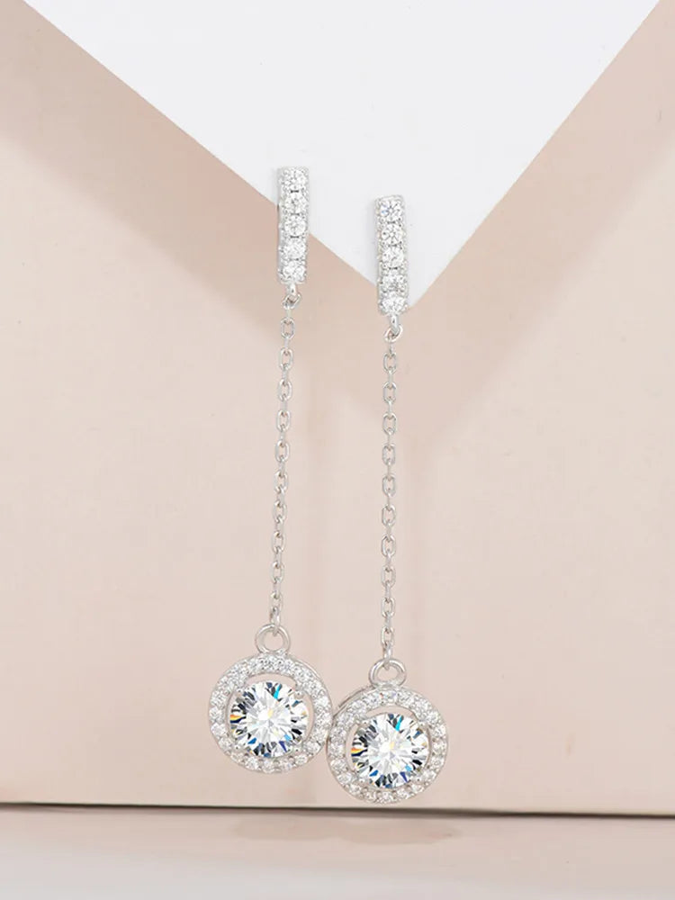 925 Sterling Silver 1Ct Moissanite Round Drop Tassel Earrings For Women