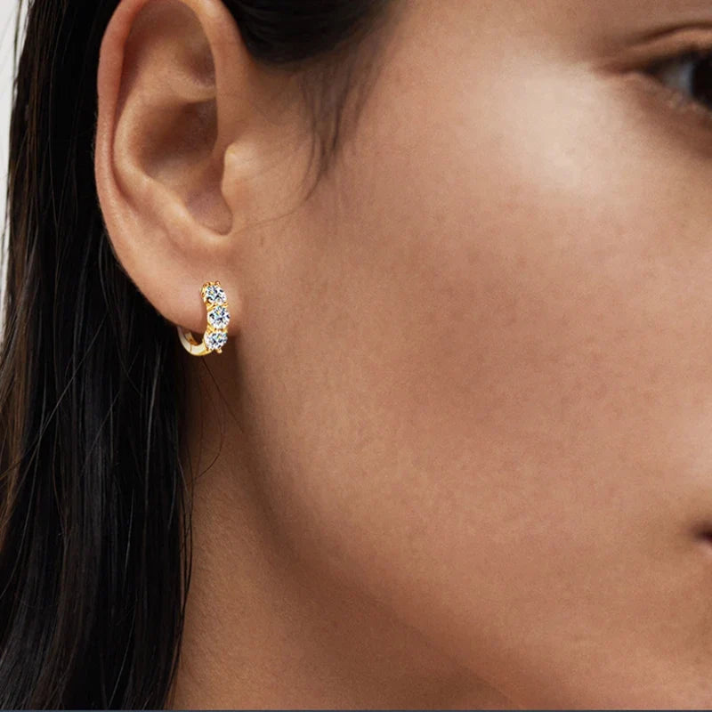 Three-Stone Moissanite Hoop Earrings in Sterling Silver
