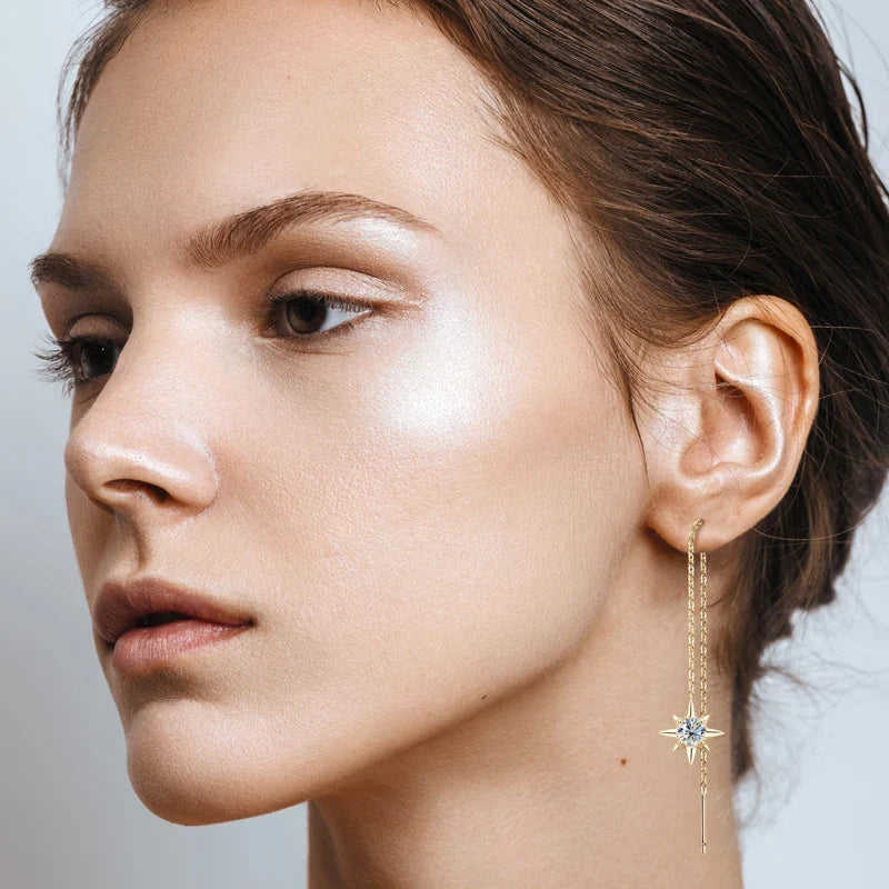 Star & Moon Moissanite Chain Threader Earrings