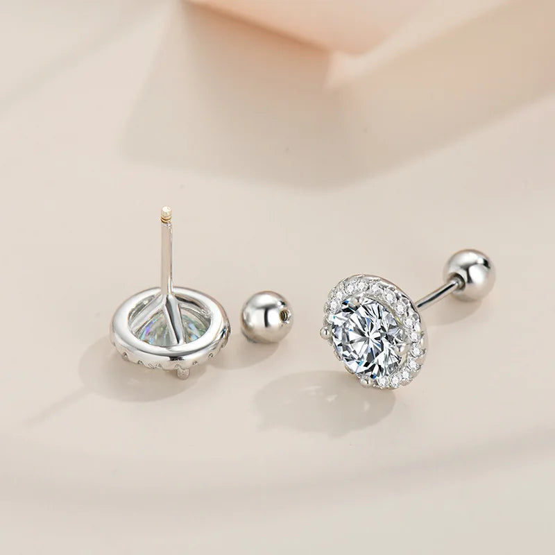 925 Sterling Silver Moissanite Stud Earrings 0.5/1 Ct Round Screw Unisex