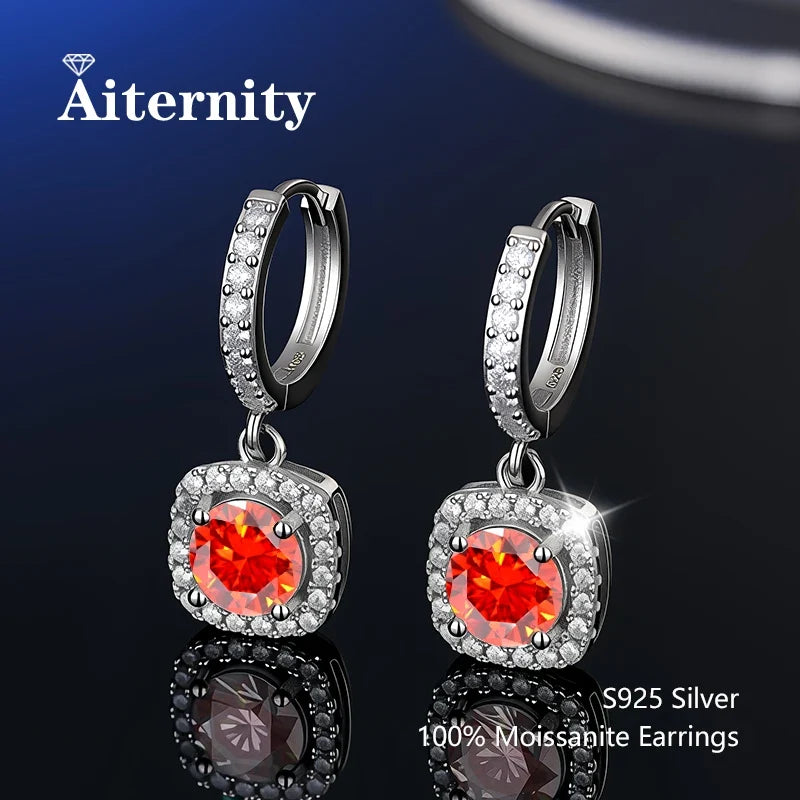 Square & Round Halo Colored Moissanite Hoop Drop Earrings