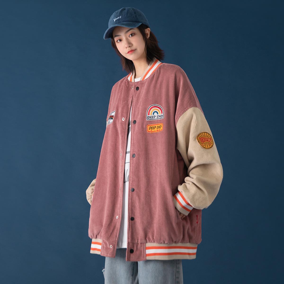 Men's Loose Color-block Corduroy Baseball Jacket