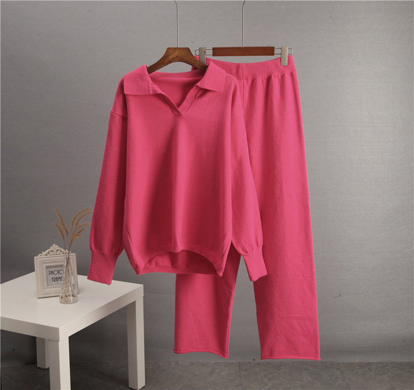 Conjunto de suéter con solapa de color liso para mujer