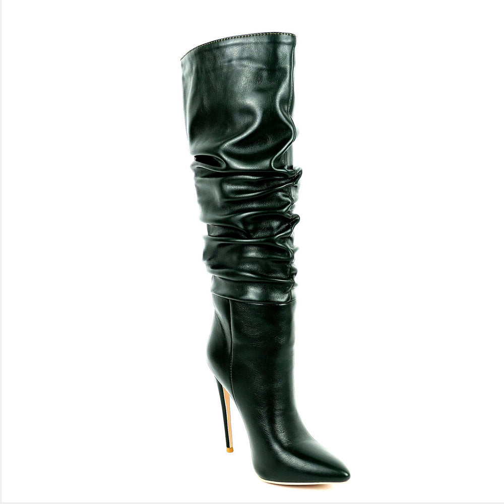 Women's Pleated Pointed-Toe Stiletto High-Heel Boots