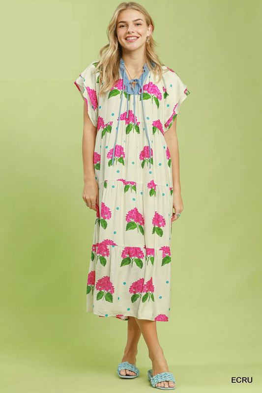 Umgee Hydrangea Print Tiered Midi Dress
