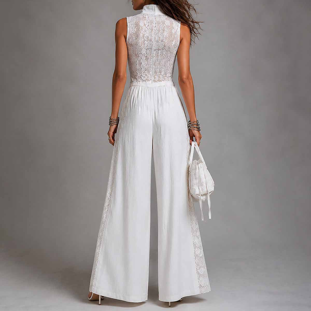 Sleeveless Lace Patchwork Wide-Leg Jumpsuit – High Waist Zip Front