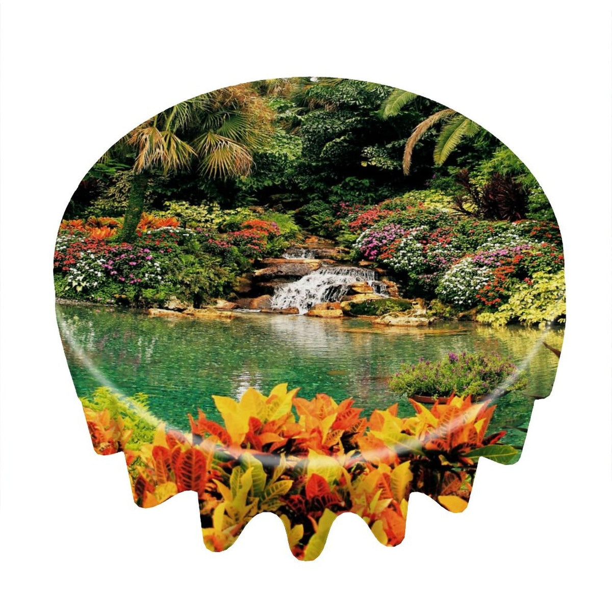 Serene Tropical Garden and Waterfall Round Tablecloth (One-sided Printing)