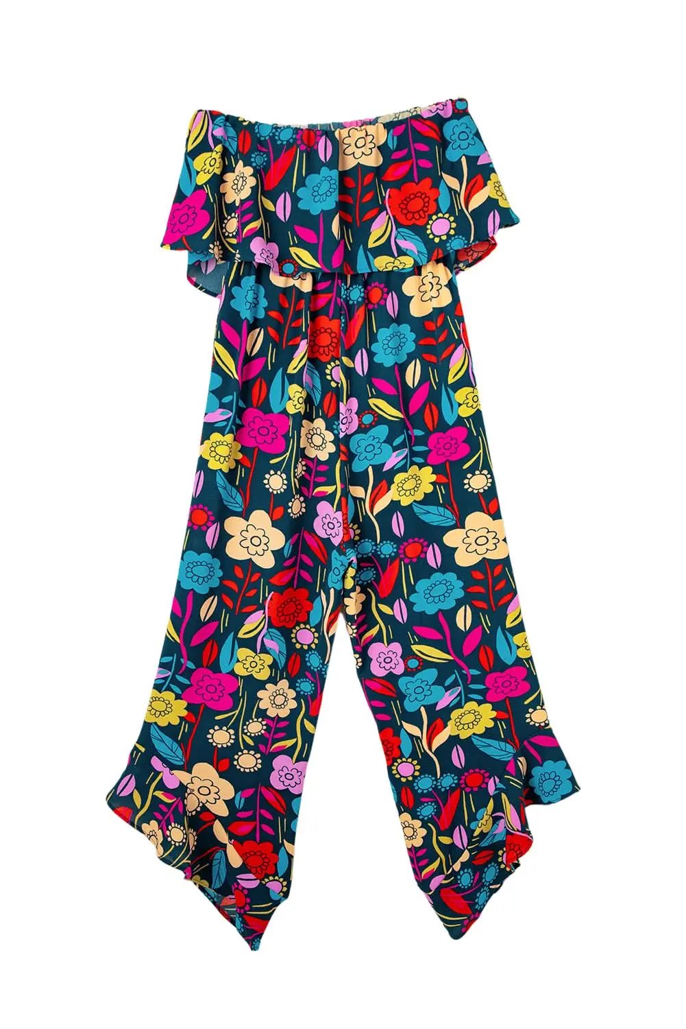 Pants Love Salve Red Tropical Jumpsuit Women's Summer Daily Strapless Ruffled Wide Leg