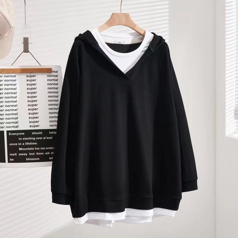 V-neck Faux Two-piece Mid-length Hooded Sweatshirt With Tummy-covering Design