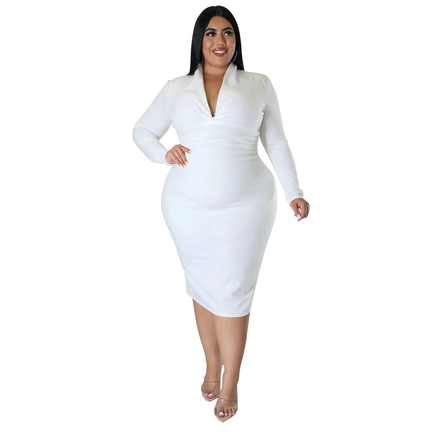 Fashion Casual Solid Color Long Sleeve Zipper V-neck Dress