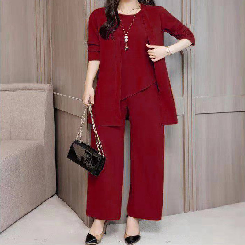 Conjunto informal de 3 piezas de talla grande para mujer, cárdigan abierto, chaleco sin mangas, pantalones, conjunto de salón de color liso