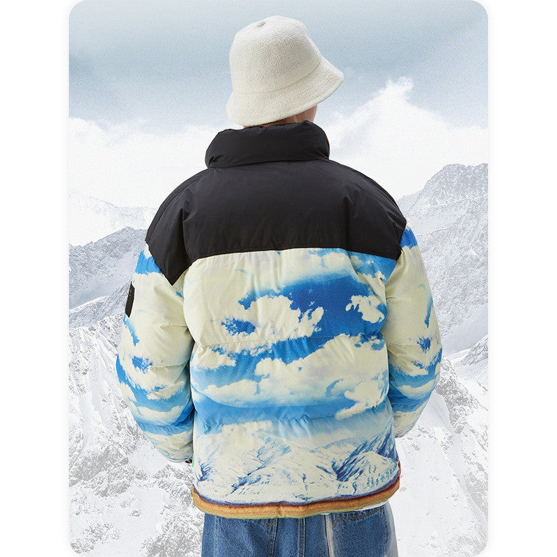 Men's Blue Sky Snow Mountain Camouflage Ink Splash Warm Jacket Top