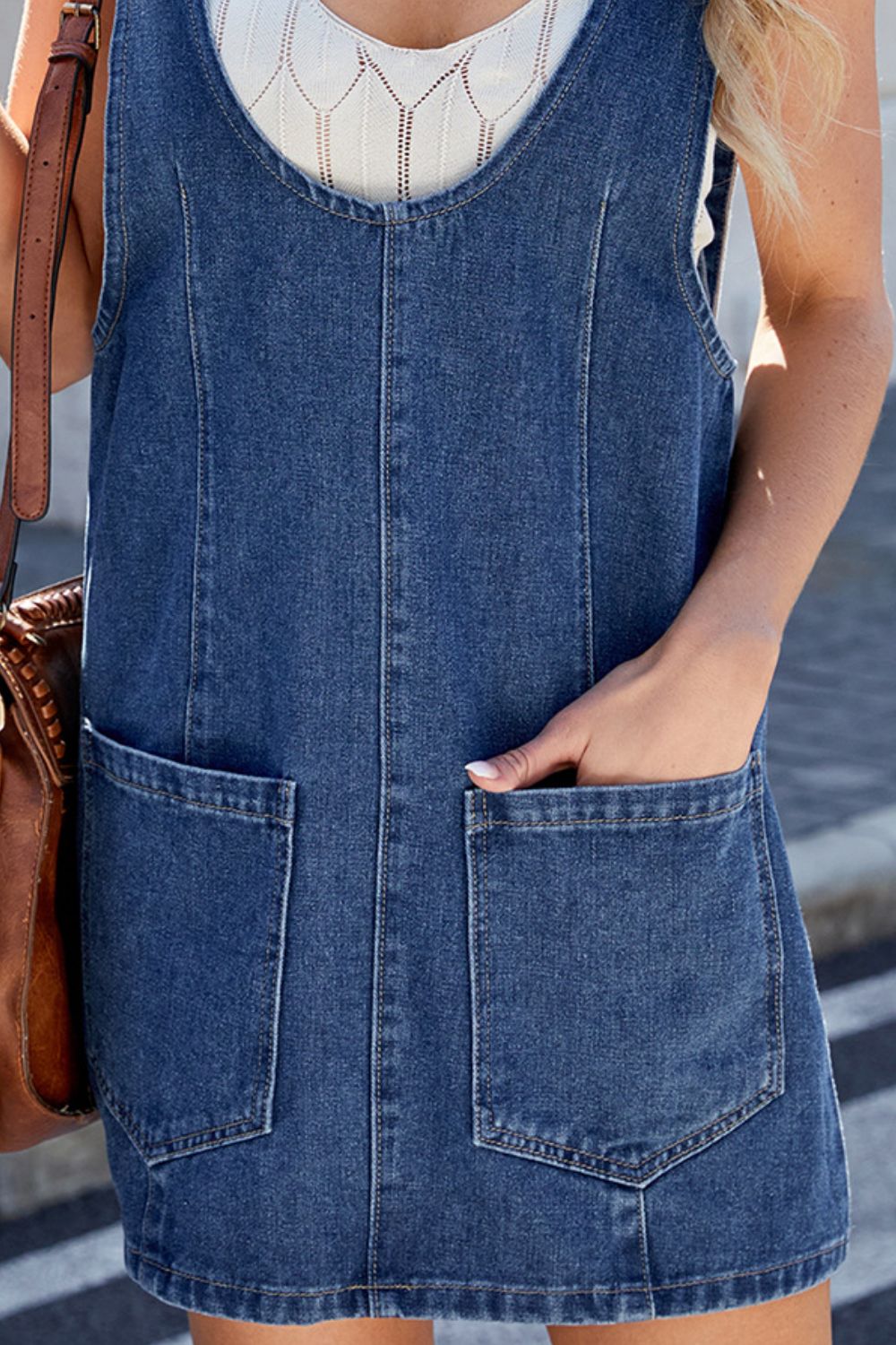Scoop Neck Denim Overall Dress with Pockets