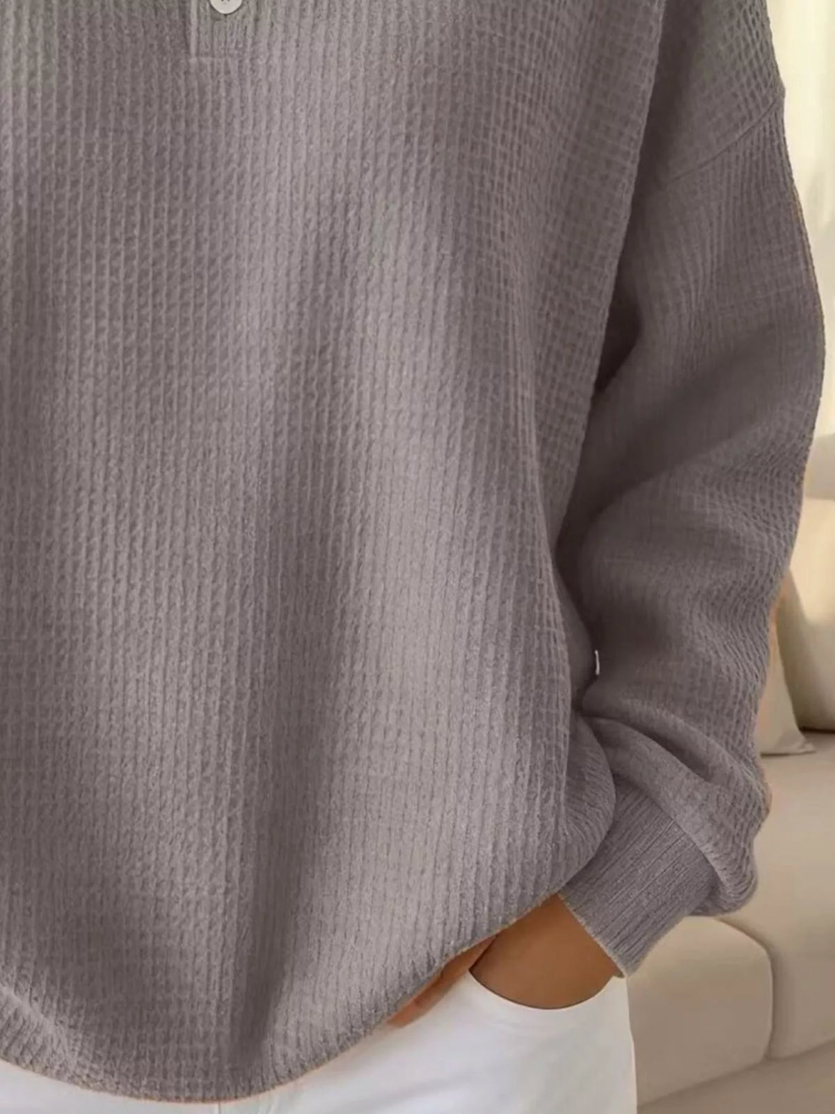Full Size Waffle Knit Button Detail Sweatshirt Plus Size
