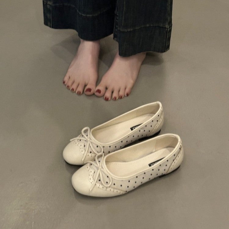 2026 Versatile Elegant Soft Sole Ballet Flats, French Retro Polka Dot Bow Round Toe Low Cut Low Chunky Heel Women Dress Shoes