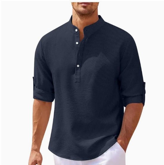 Men's Casual Shirt Long Sleeve Stand Collar Solid Color Shirt Mens Clothing