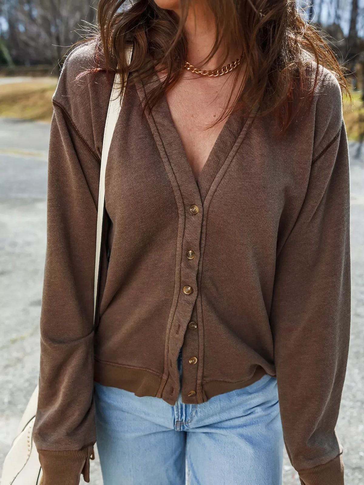 Button Front V Neck Casual Cardigan
