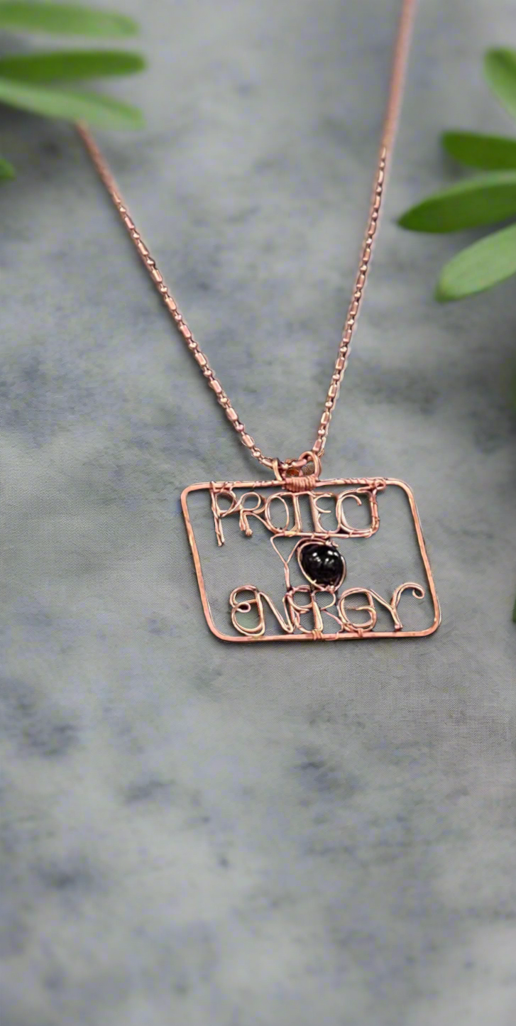 Custom Pure Copper Wire Wrapped Protect Yo Energy Square Name Necklace