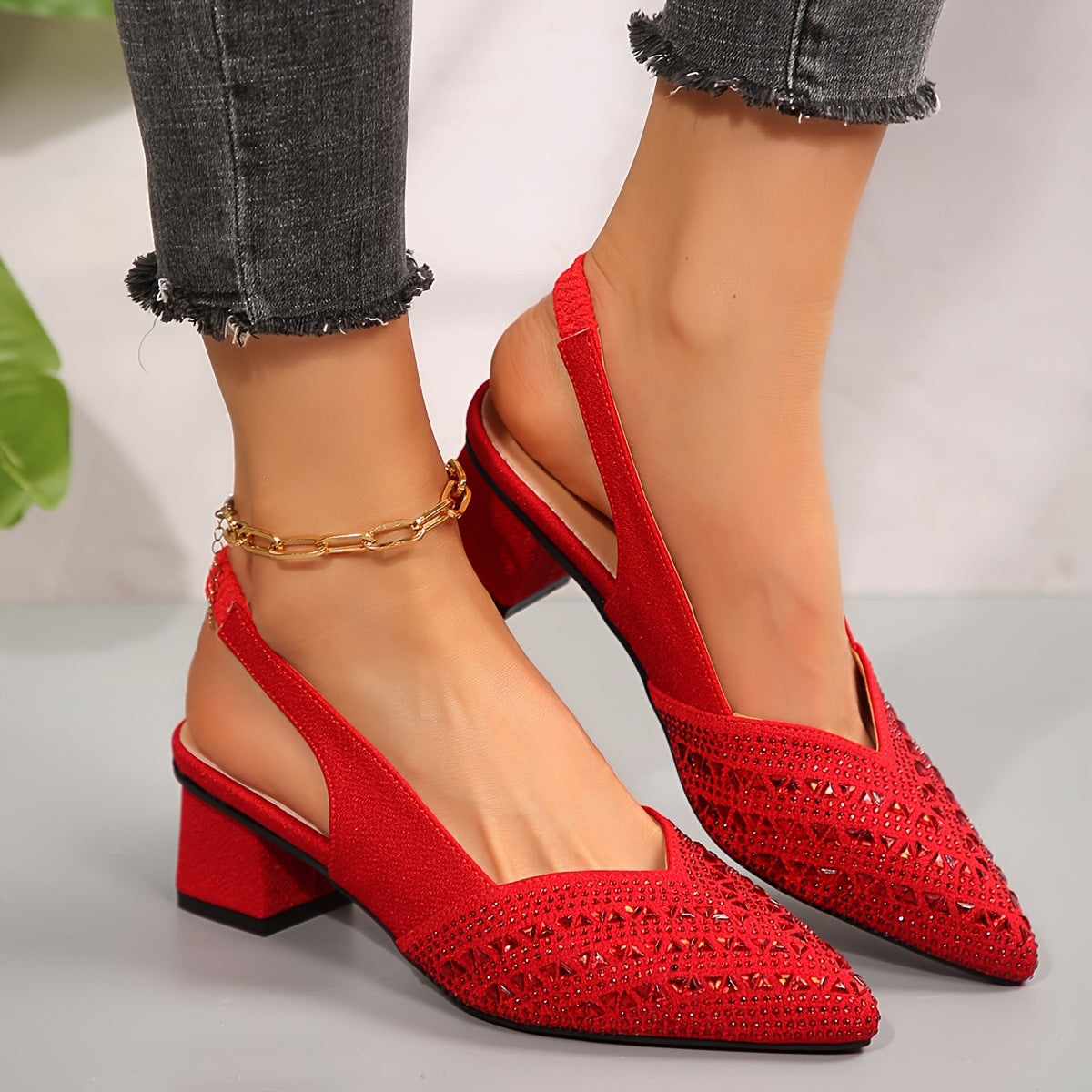 Women's Rhinestone Pointed-Toe Low-Heel Shoes