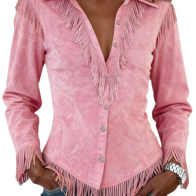 Women's Western Style Suede Fringed Slim Fit Long Sleeve Shirt