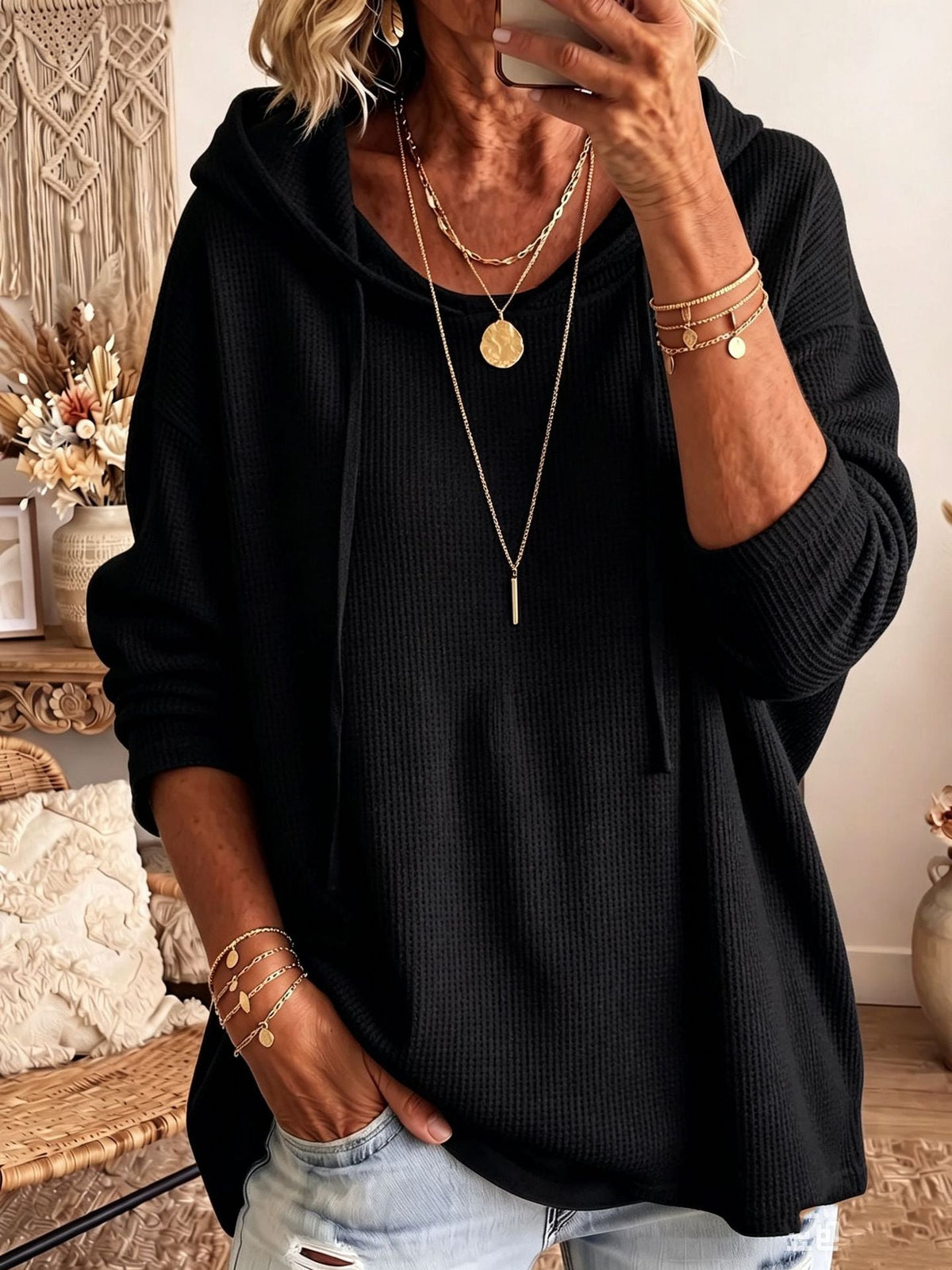 Casual Solid-color Loose-fitting Sweatshirt With A Hood