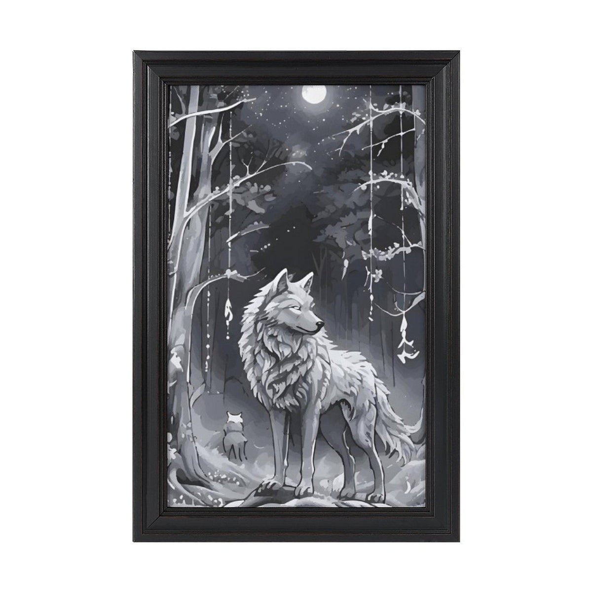 Ethereal Wolf in the Moonlight Framed Vertical Canvas Wall Art Print - 16" × 24"