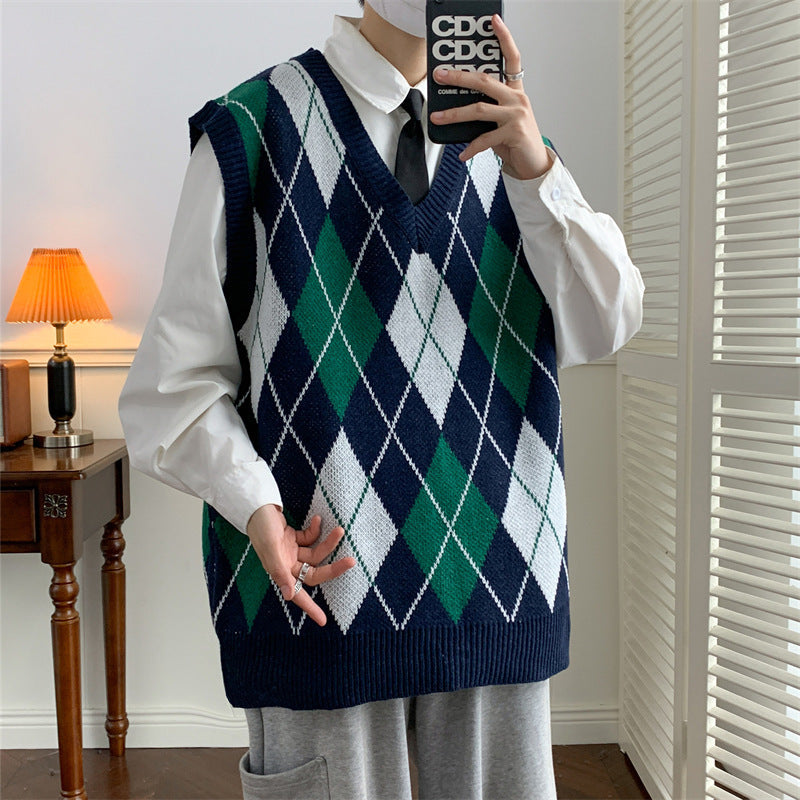 Men's Diamond-pattern V-neck Vest Sweater Vintage Pull-over Vest For Outerwear