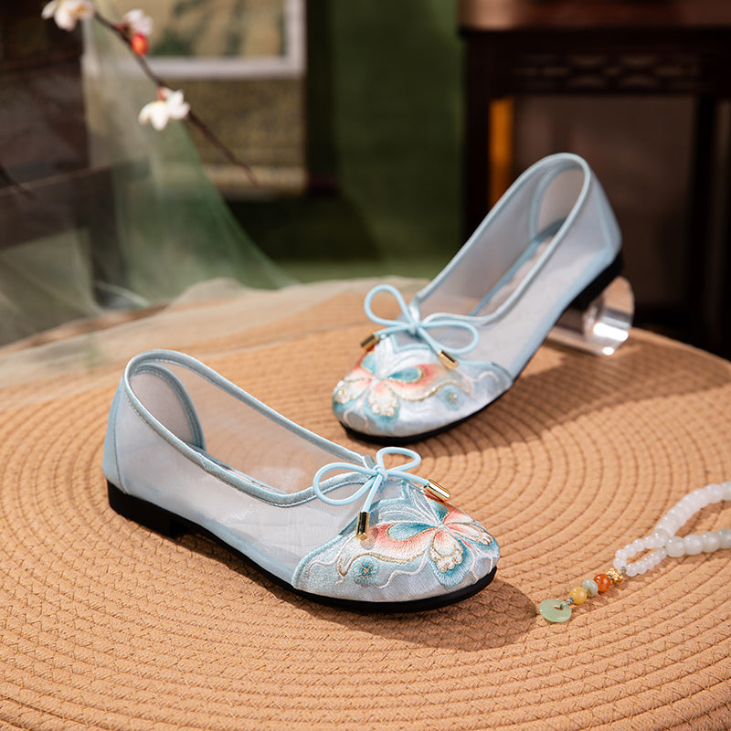 Butterfly Embroidered Mesh Shoes For Women - Spring & Summer Breathable Flats, Shallow-Cut Soft Sole Shoes For Hanfu & Mamian Skirts