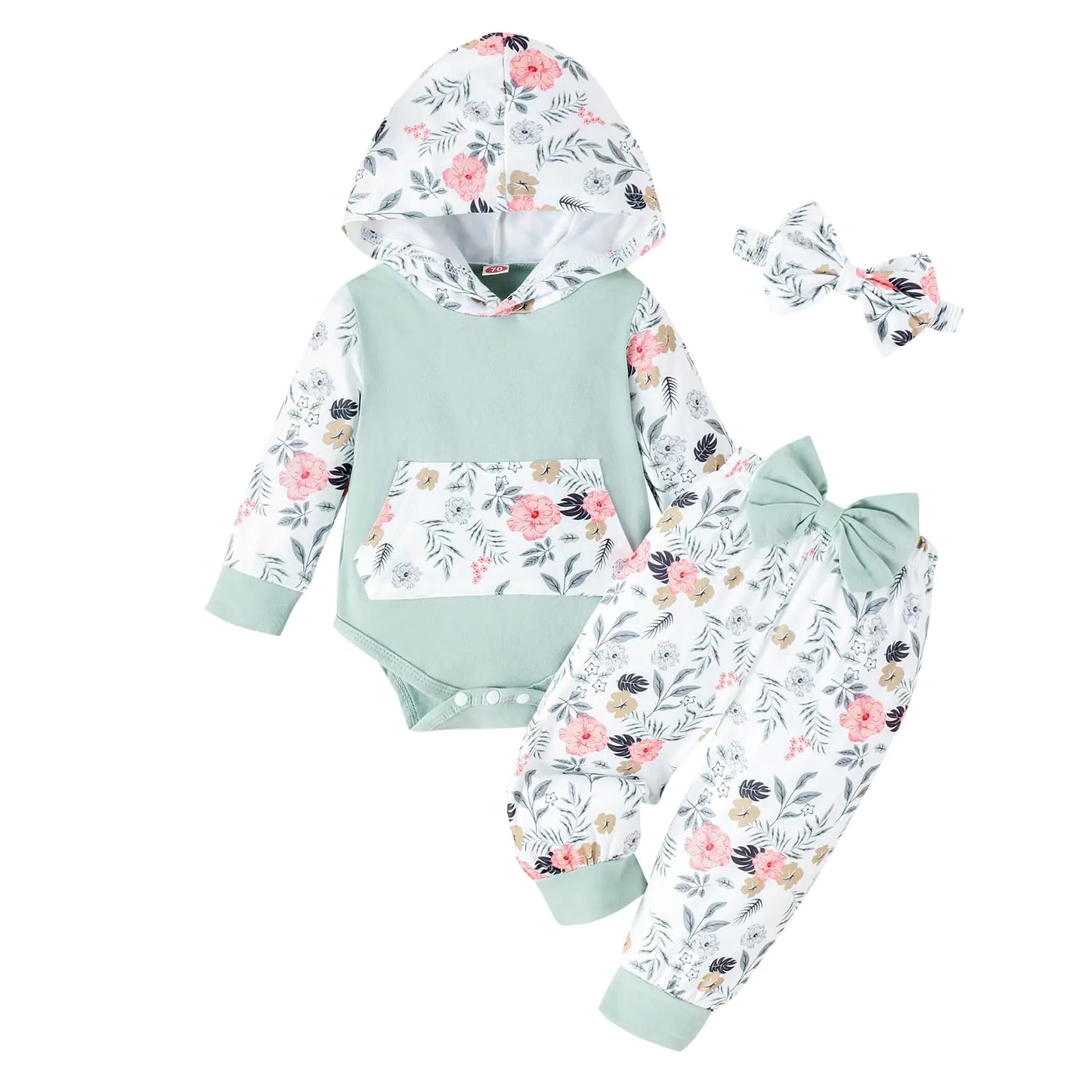 LUNFEGO Newborn Infant Baby Girl Clothes 0-3 Months Outfits Sets Hoodie Romper + Pants + Bow Headband for Girls - Green - # BAAA51210010