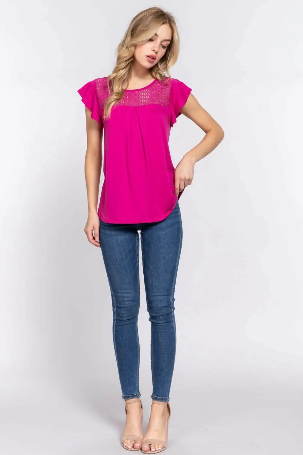 Sweaters Trendsi Ruffle Knit Top Blouse Magenta Small Lace Detail