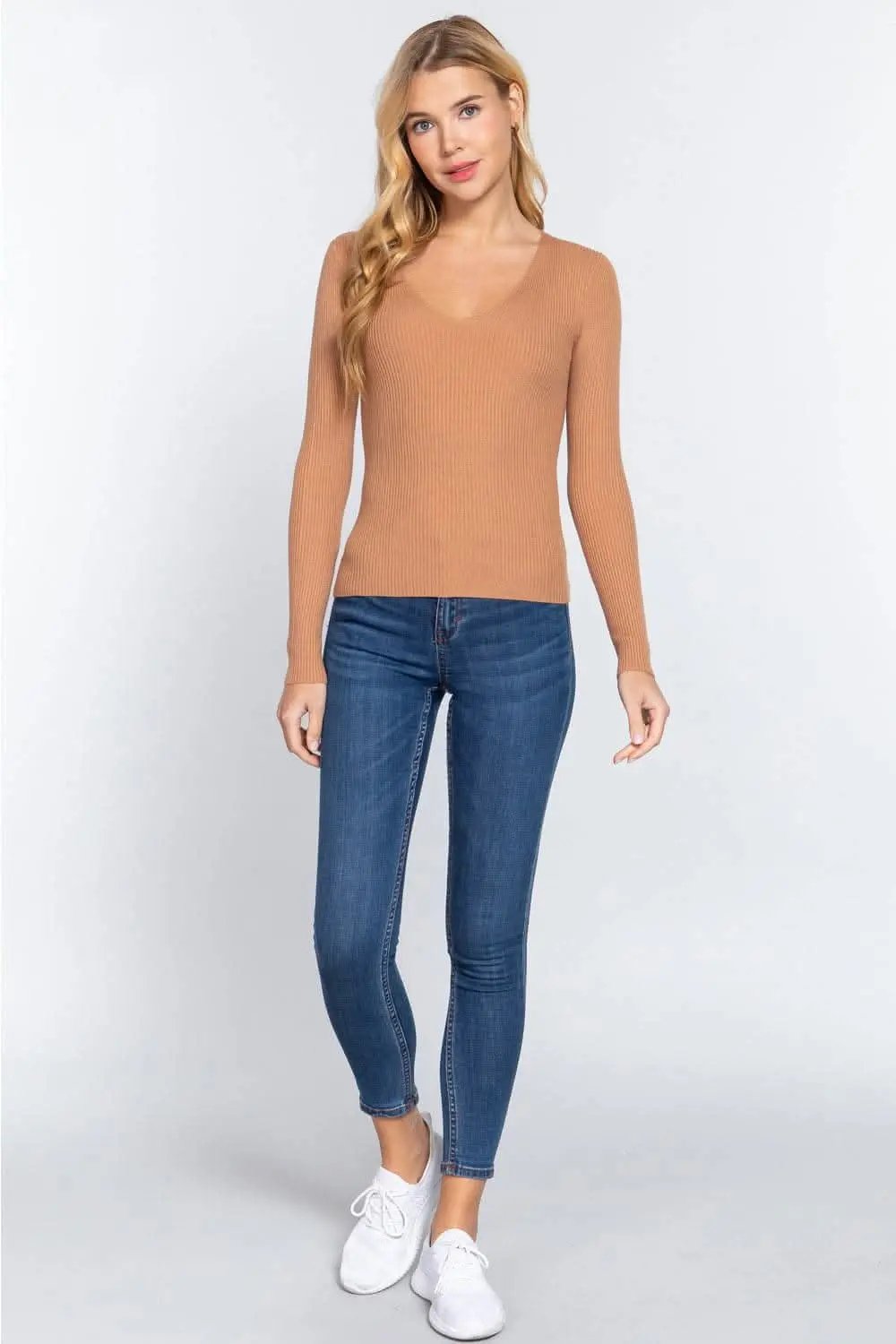 Activewear Top - V-Neck Fitted Rib Knit - Basic