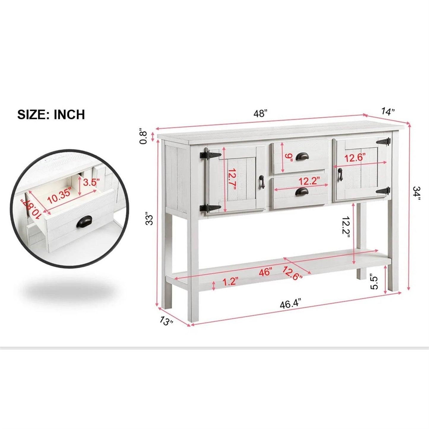 Mesa de sofá rústica de madera maciza con cajones de almacenaje en acabado blanco rústico