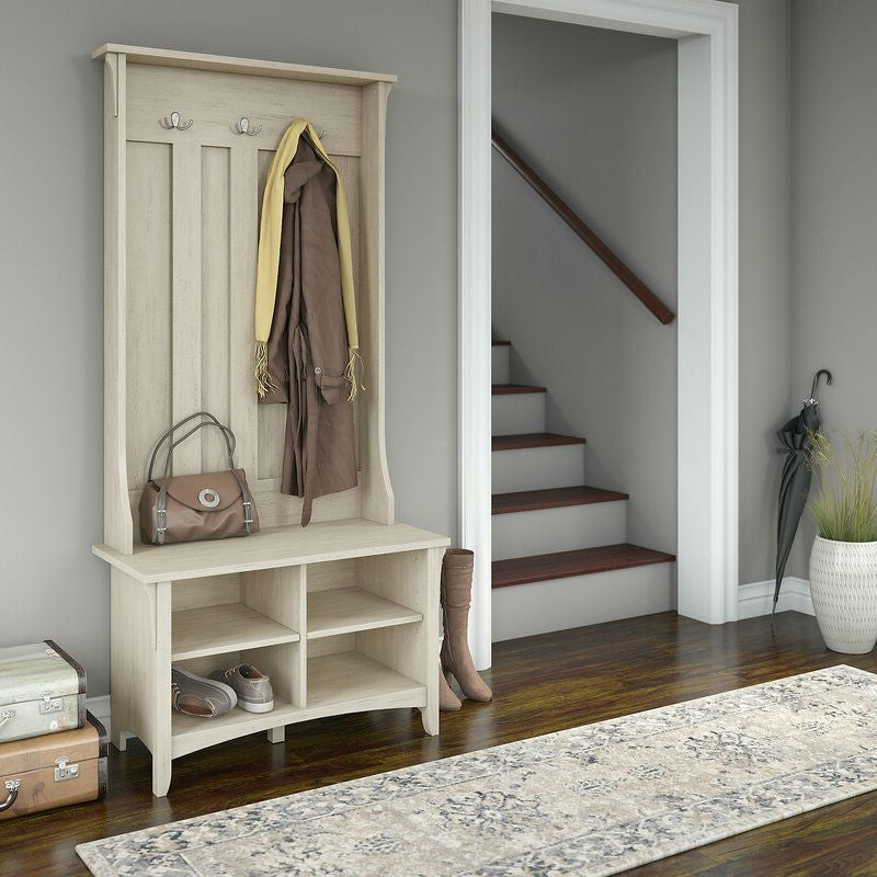 Perchero de entrada grande blanco antiguo con cubículo para zapatos, mueble recibidor