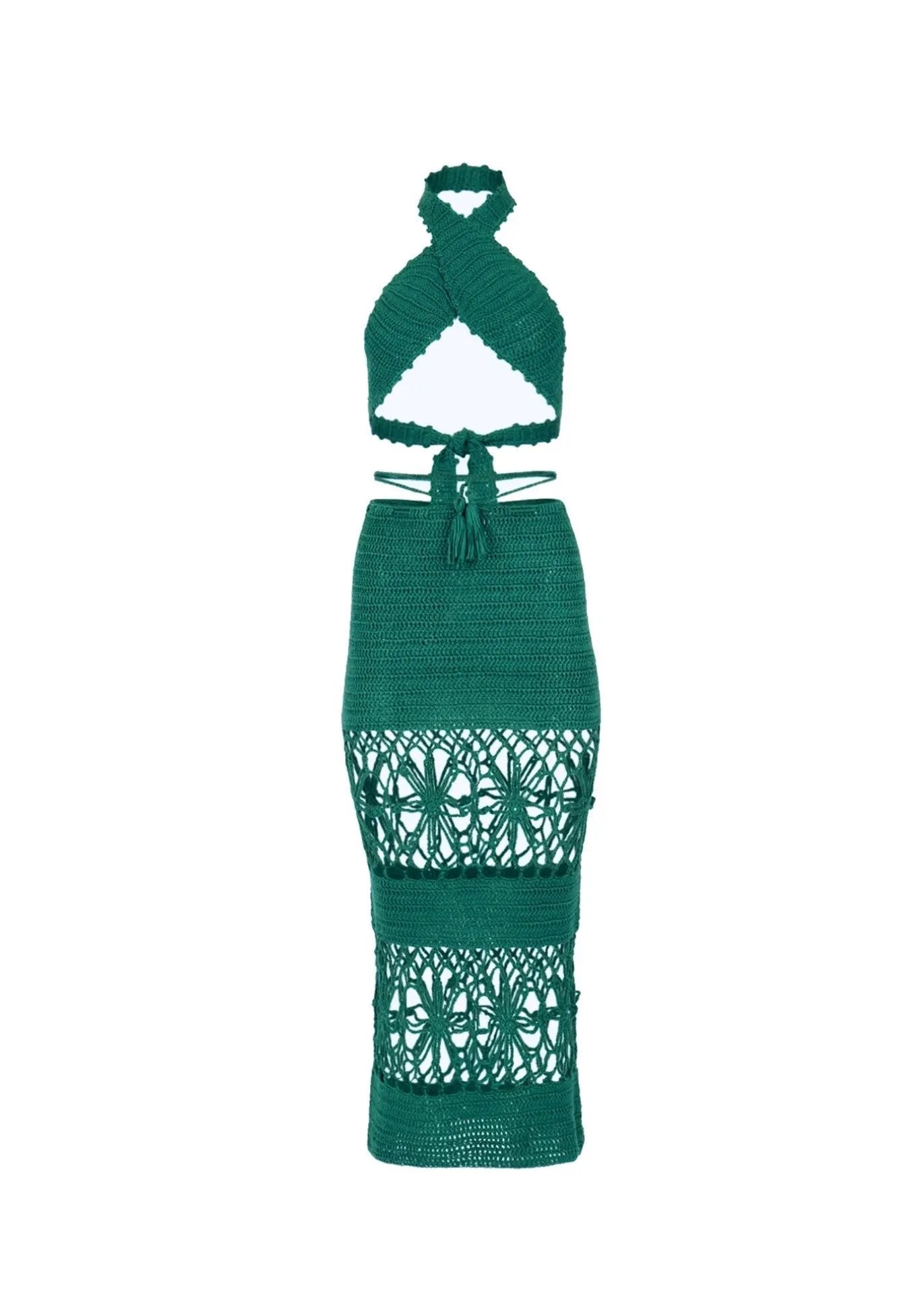 Women's Crochet Knit Set Two Piece Set - Crochet Knit - Emerald