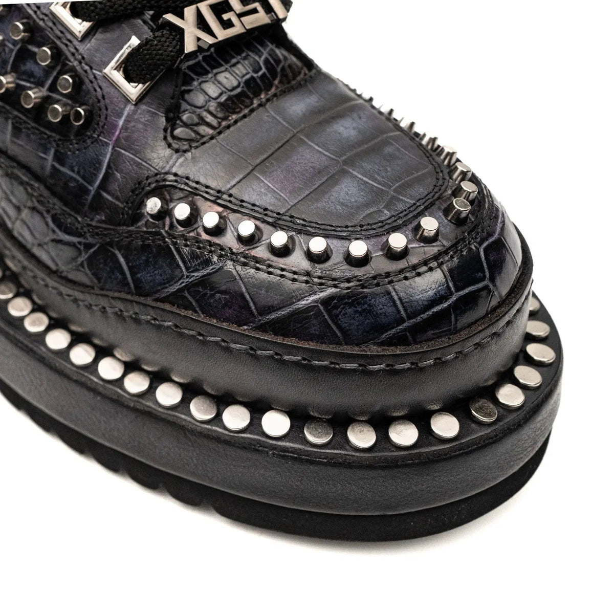 Black Studded Crocodile Leather Platform Sneakers