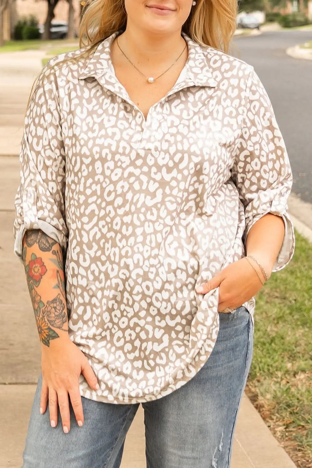 Apparel & Accessories > Clothing > Tops Apricot Leopard Print Plus Size Top by Love Salve