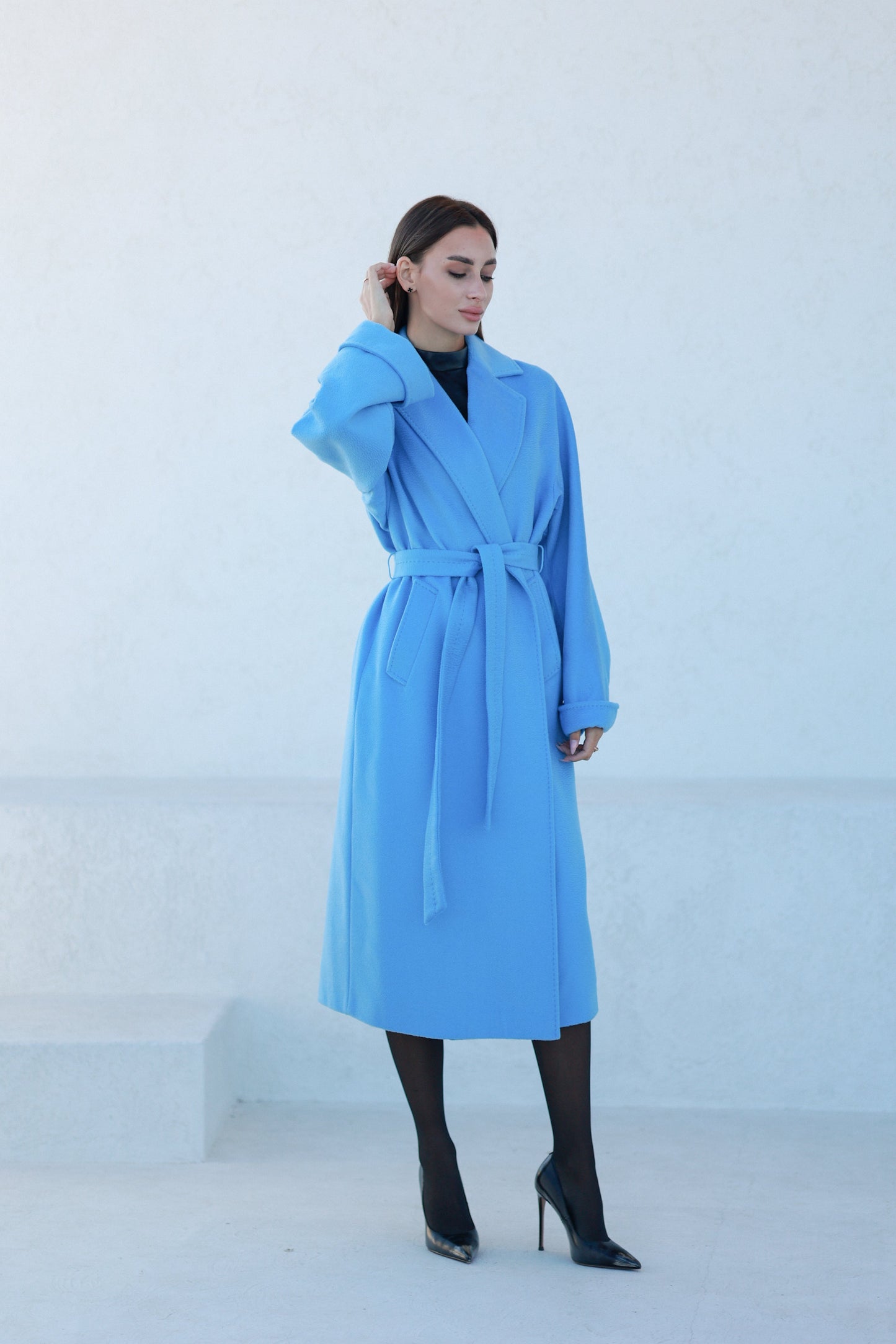 Abrigo Clásico de Mezcla de Lana y Cachemira Cepillada en Azul Celeste