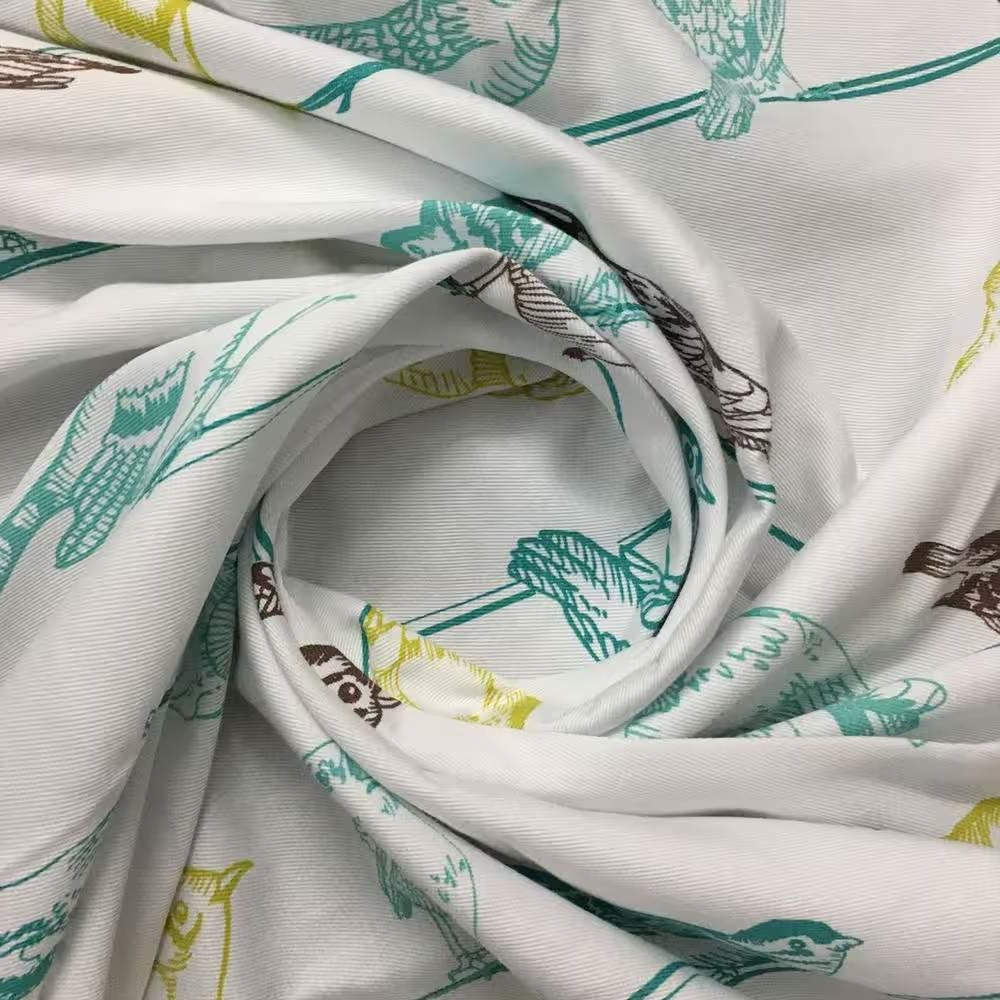 Cortina de ducha de tela 100% algodón de 72 pulgadas con pájaros azul verdoso, beige y negro