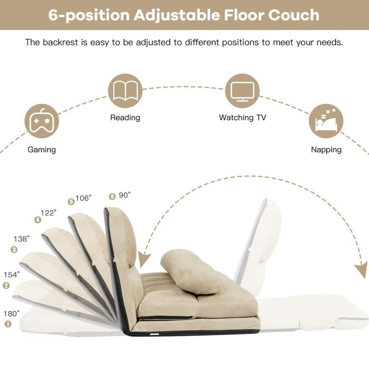 Sofá Cama Plegable Minimalista de Piel de Ante Sintético con 5 Posiciones y Funda de Tela Desmontable en Beige