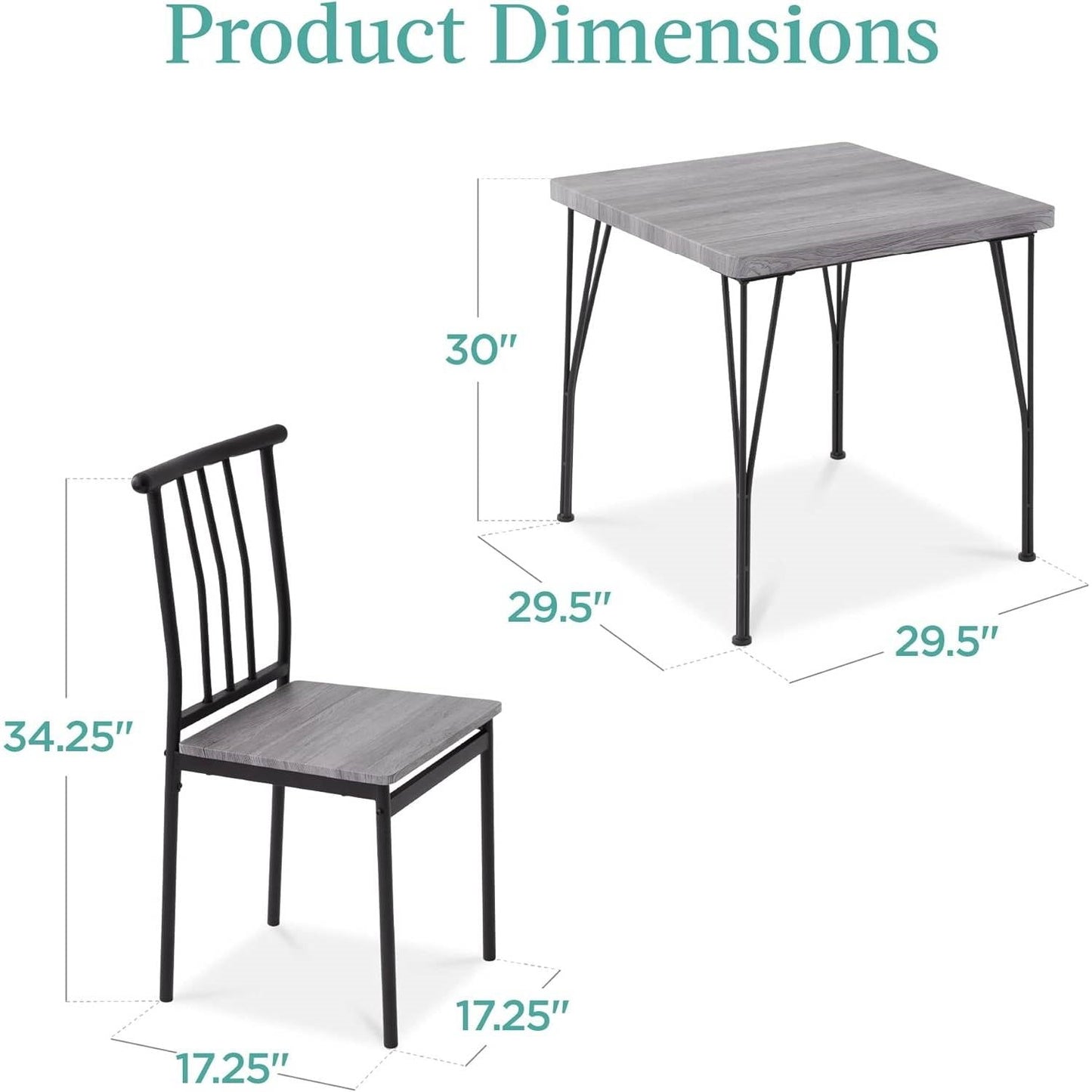 Juego de comedor moderno de 3 piezas con estructura de metal, mesa con superficie de madera gris y 2 sillas