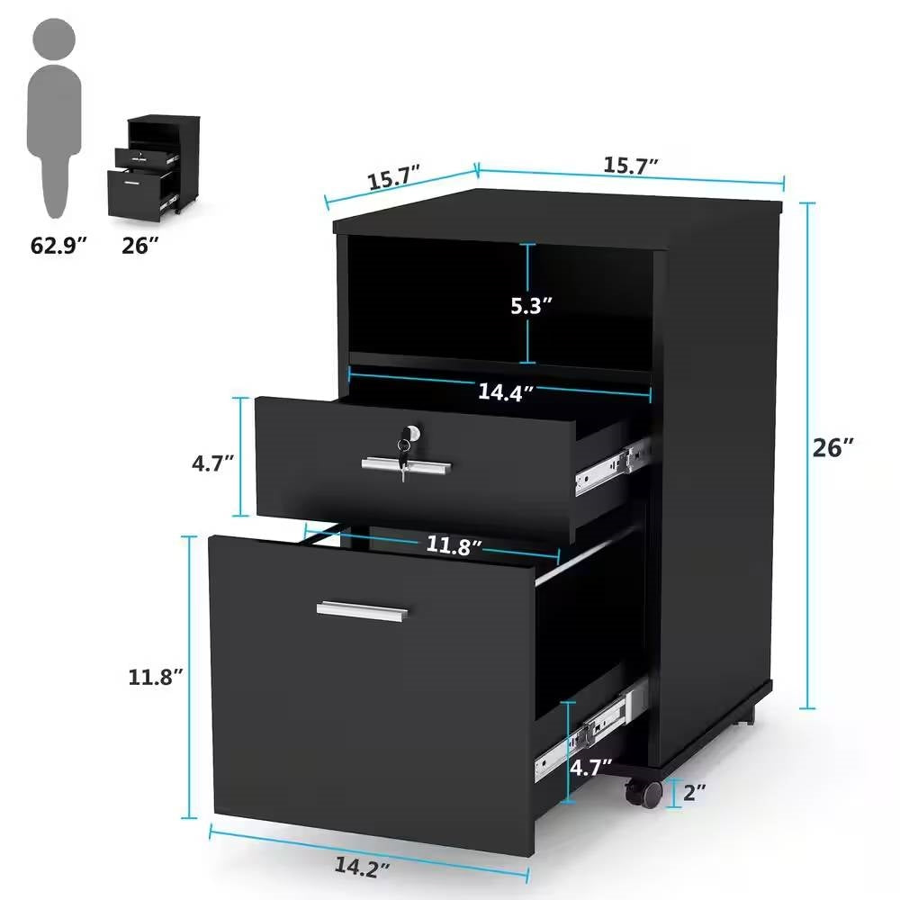 Mueble Archivador Móvil Negro de 2 Cajones con Ruedas y Soporte para Impresora